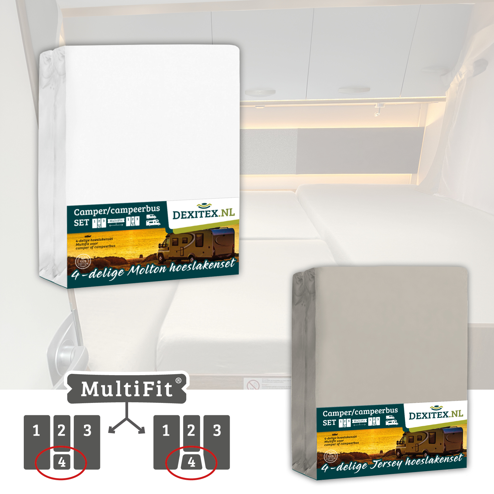 Textielpakket  4 delig met midden matras -1 hoeslakenset(4 delig) en 1 moltonset(4 delig)