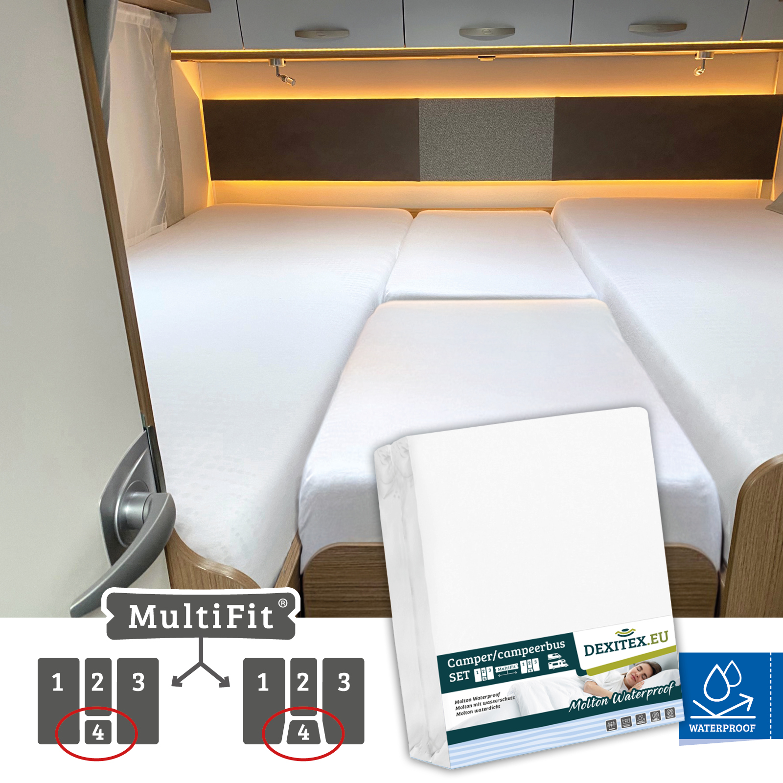 Waterdichte molton hoeslakenset - 4 delig met midden matras
