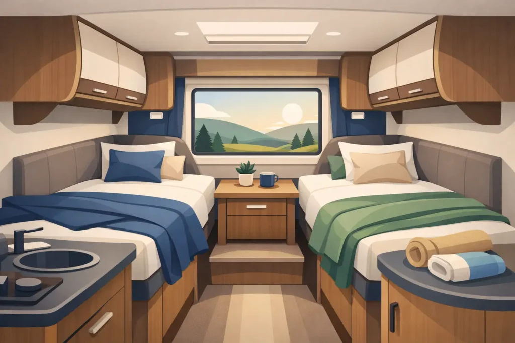 Twee enkele bedden camper en passend textiel