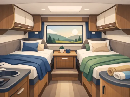 Twee enkele bedden camper en passend textiel