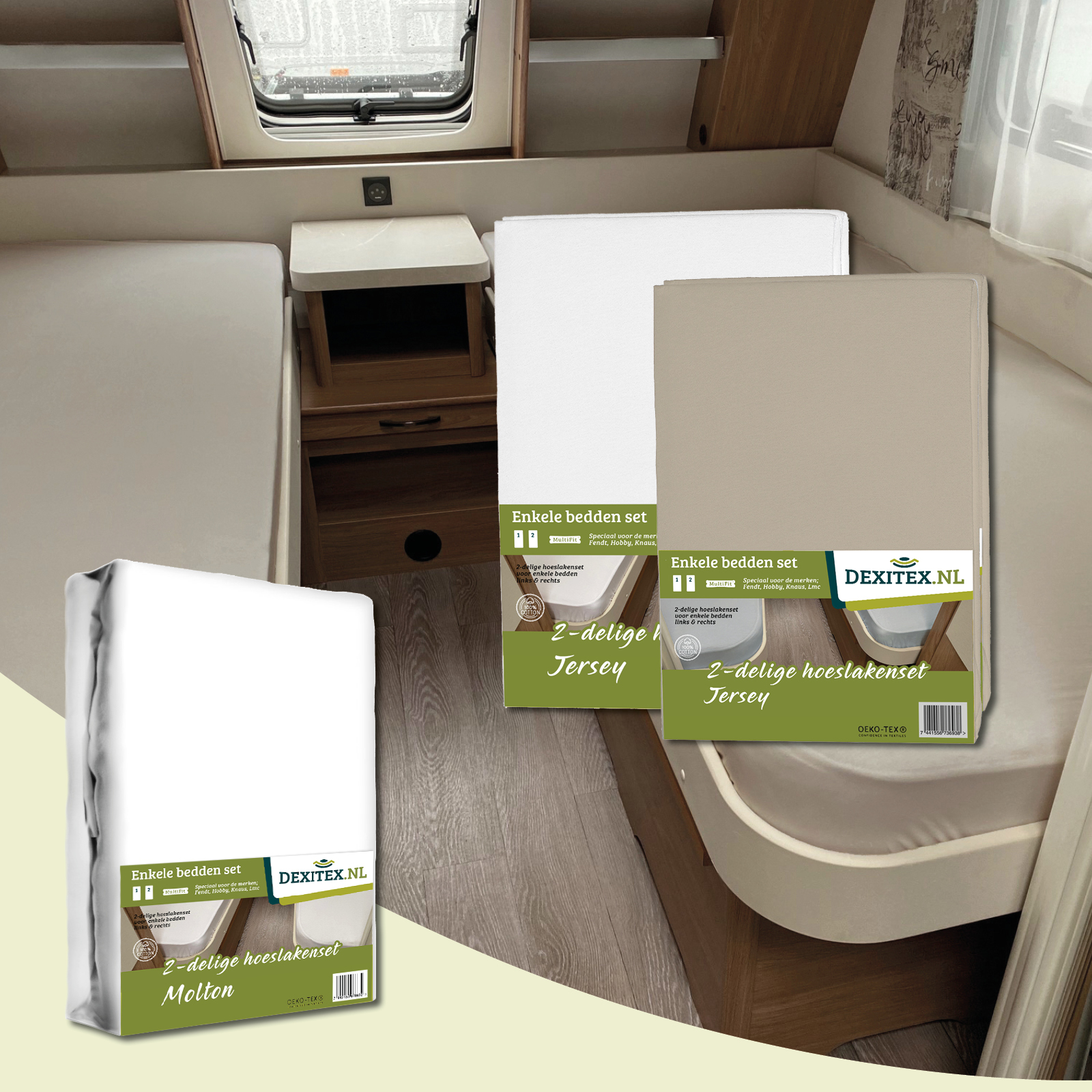 Textielpakket Caravan enkele bedden Fendt-Hobby enz - 2 hoeslakensets(2 delig) en 1 moltonset(2 delig)