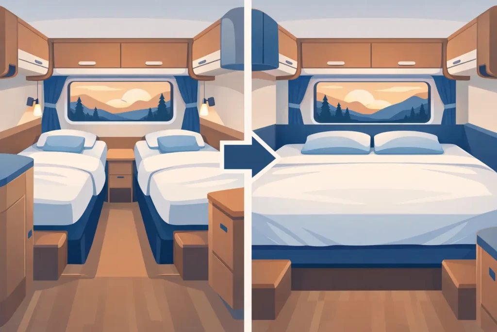 Voorbeeld splitbed samenvoegen in camper