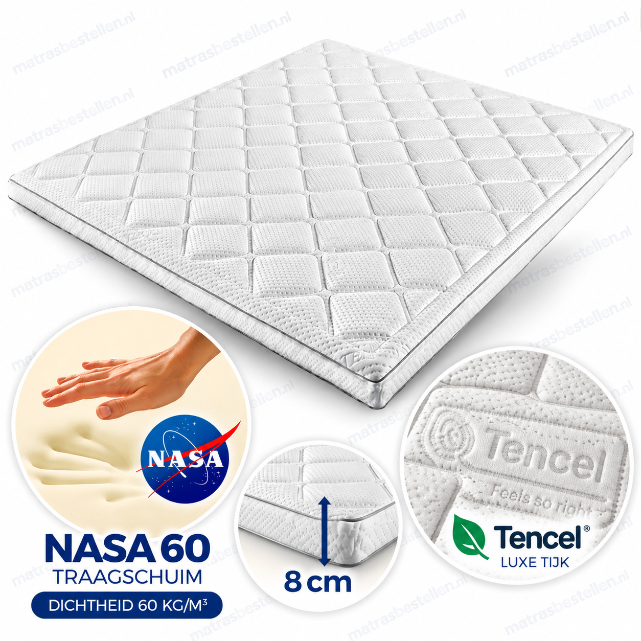 4D NASA 60 Traagschuim Topper 8 cm – Luxe TENCEL® Tijk | Matrasbestellen