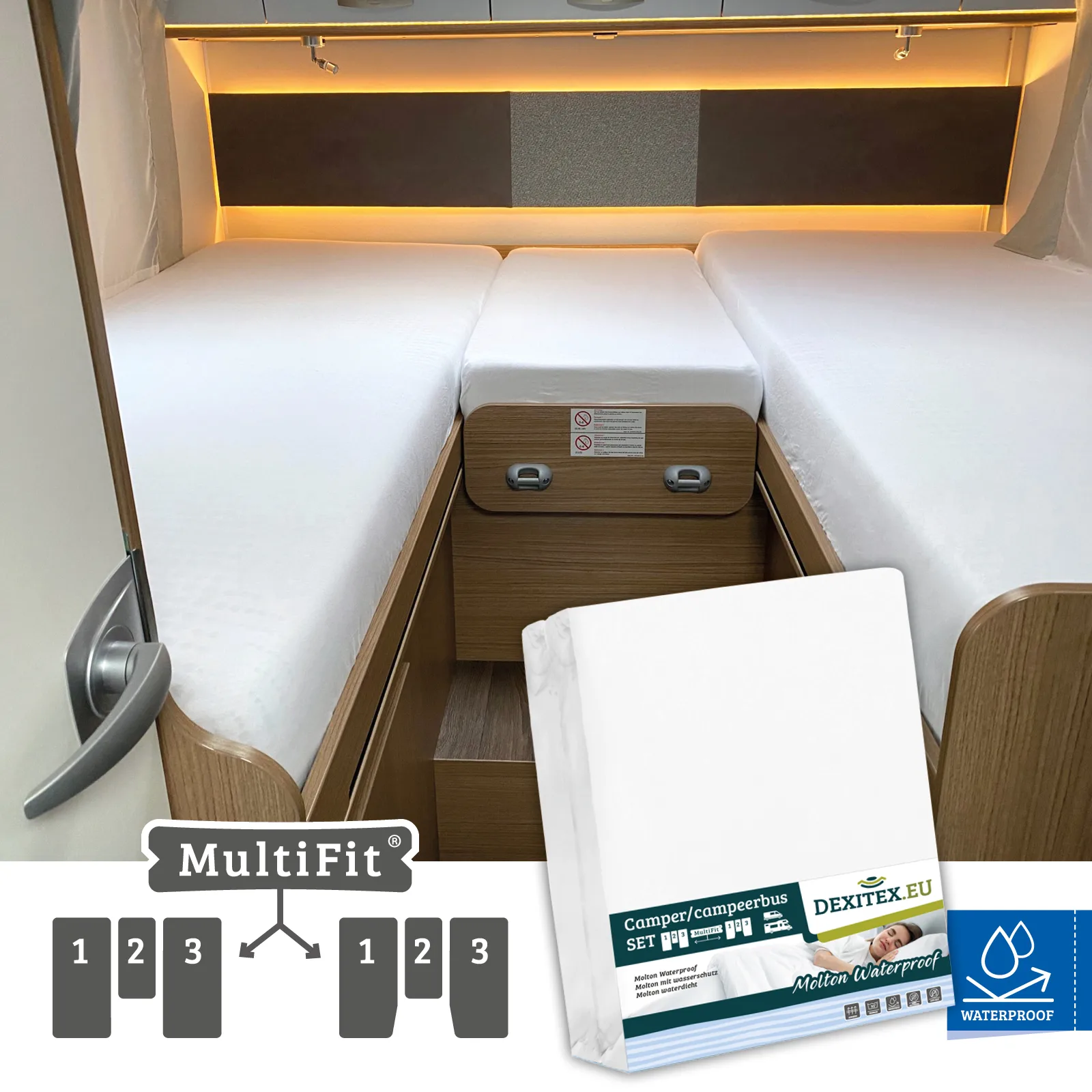 Waterdichte molton hoeslakenset - 3 delig met midden matras